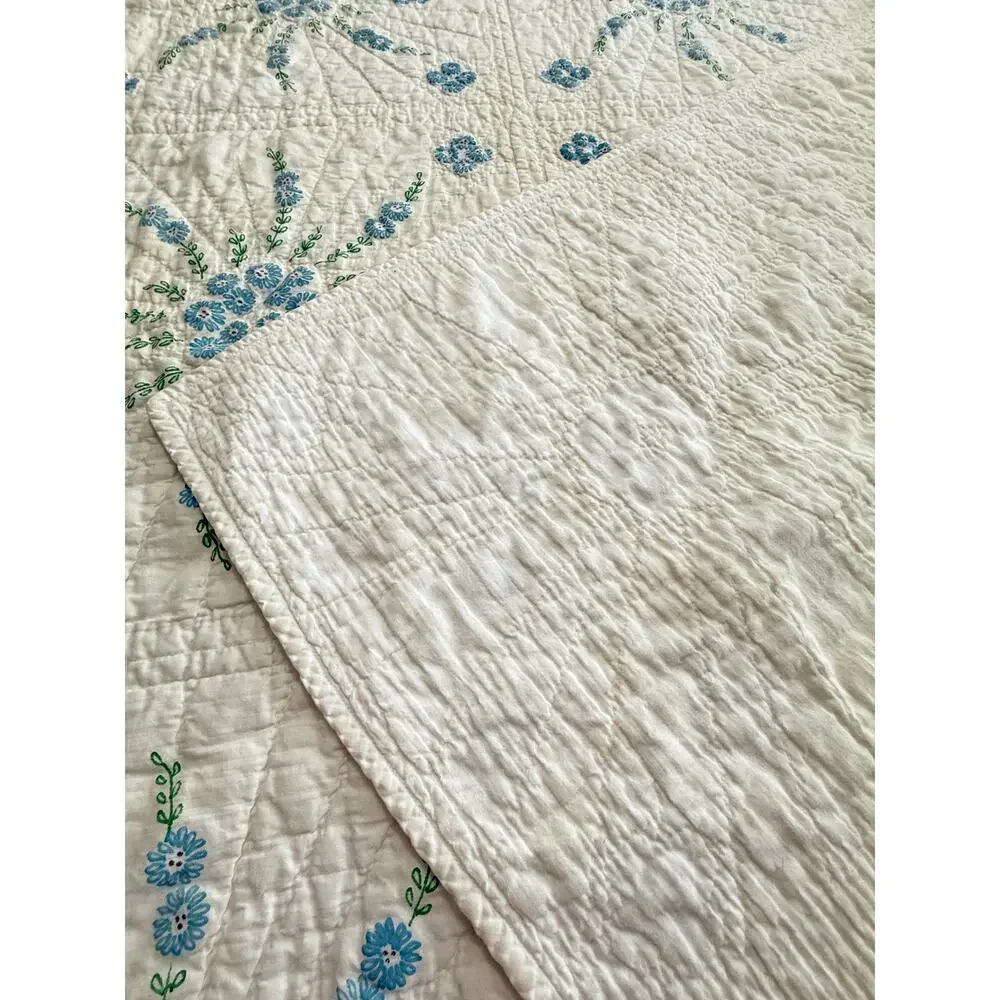 Cutter Quilt Blue Floral Painted Design Hand Quilted Vintage Crafts Fabric 75x92